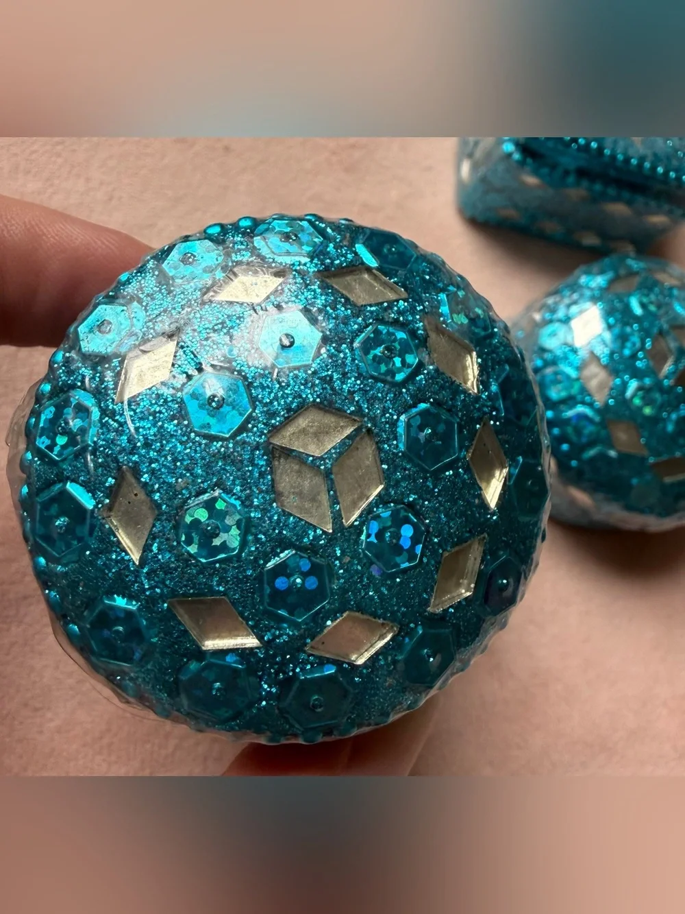Lot of 4 Vintage Teal Blue Glitter Pill Medicine Trinket Box Mosaic Sequins